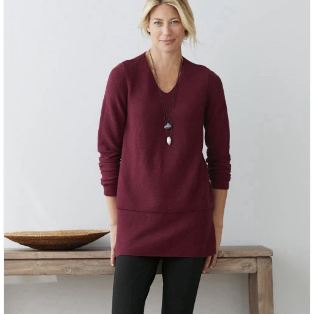 J Jill V Neck‎ Tunic Sweater Sz L Cozy Soft Pure Jill Luxe Ribbed Burgundy Long